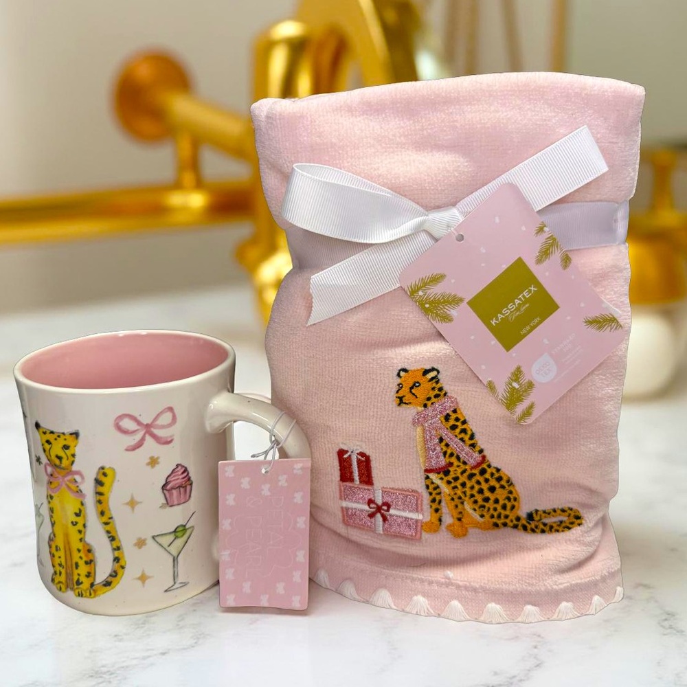 Petal & Pearl NWT Cheetah Design Plush Pink Hand Towel & Ceramic Mug Set
